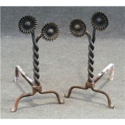 PAIR OF WROUGHT SUNFLOWER ANDIRONS