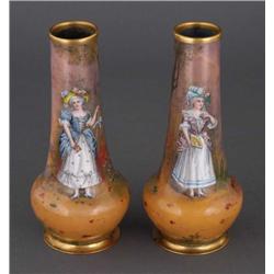 PAIR OF FRENCH ENAMELED VASES, each 7 