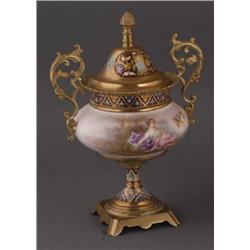 FRENCH CHAMPLEVE MOUNTED PORCELAIN URN,