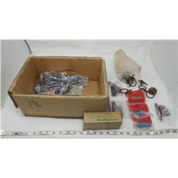 LOT OF ASSORTED HINGES, DRAWER PULLS, STUD DRIVERS, ETC.