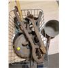 LOT OF CAST IRON TOOLS, PULLEY WHEEL, ETC.