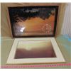 TWO SUNSET PICTURES (UNKNOWN IF CLOCK WORKS) *CRACK IN GLASS ON 1* (26" X 22"--29" X 21")