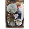LOT OF COLLECTIBLES (SILVER PLATED TRAY, SALT & PEPPER SHAKERS, FIGURINES, ETC.)