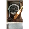 Image 2 : WOODEN CRATE WITH ROLLING PIN, FIGURINE, ASHTRAY, ETC.