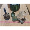 BOX OF COAL OIL LAMP PARTS AND PAINTED FRYING PAN