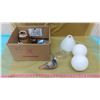Image 1 : LOT OF COLLECTIBLES INCLUDING MILK GLASS LIGHT SHADES (ROUND SHADES 3", OTHER SHADE 8")