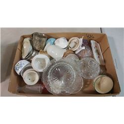 LOT OF GLASS ITEMS-BUTTER DISH, LIDS, ETC.