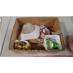 LOT OF COLLECTIBLES-LITTLE TINS, SPICE TINS, LAMP COVER, ETC.