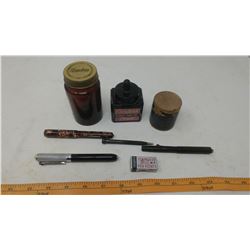 LOT OF FOUNTAIN PENS, INK CONTAINERS, PEN POINTS, ETC. (SENGBUSCH, CARTER'S, KRUSCHEN)