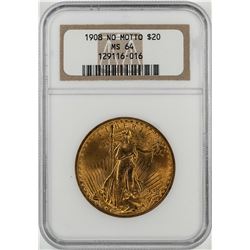 1908 No Motto $20 St. Gaudens Double Eagle Gold Coin NGC MS64