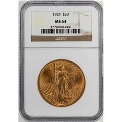 1924 $20 St. Gaudens Double Eagle Gold Coin NGC MS64