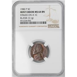 1980-P Jefferson Nickel Struck on 1 Cent Planchet Mint Error NGC MS64BN