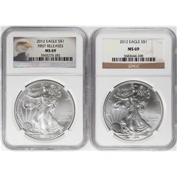 Lot of (2) 2012 $1 American Silver Eagle Coins NGC MS69