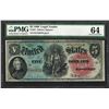 Image 1 : 1869 $5 Rainbow Woodchopper Legal Tender Note Fr.64 PMG Choice Uncirculated 64