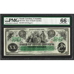 1872 $20 State of South Carolina Revenue Bond Obsolete Note PMG Gem Uncirculated 66EPQ