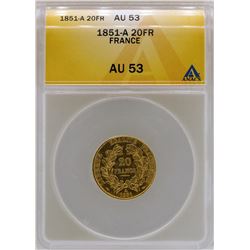 1851-A France 20 Francs Gold Coin ANACS AU53