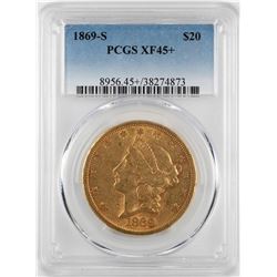 1869-S $20 Liberty Head Double Eagle Gold Coin PCGS XF45+