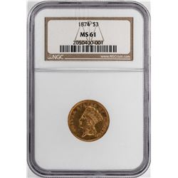 1874 $3 Indian Princess Head Gold Coin NGC MS61