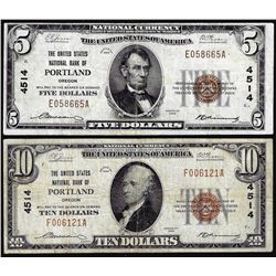 Set of 1929 $5/$10 United States NB Portland, OR CH# 4514 National Currency Notes