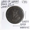 Image 1 : 1791 John of Gaunt Duke of Landcaster Half Penny Coin