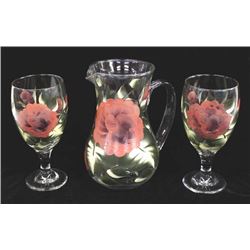 Hand Painted Glass Pitcher & 2 Goblets