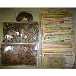 7 LBS FOREIGN COINS, 151 PIECES FOREIGN CURRENCY &