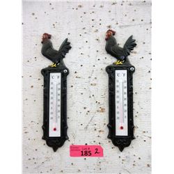 2 New Cast Iron Rooster Thermometers - 3" x 11"