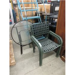 Glass Topped Patio Table & 3 Metal Framed Chairs