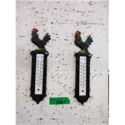 Pair of New Cast Iron Rooster Thermometers