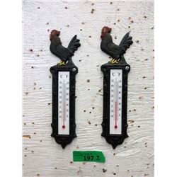Pair of New Cast Iron Rooster Thermometers