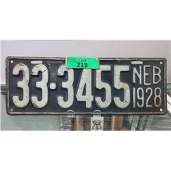 Rare USA 1928 Nebraska License Plate - One Plate