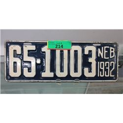 Rare USA 1932 Nebraska License Plate - One Plate