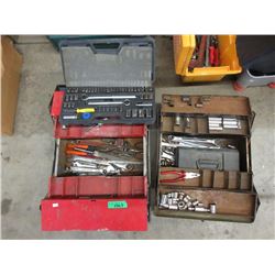 Two 17" Metal Tool Boxes & Socket Set