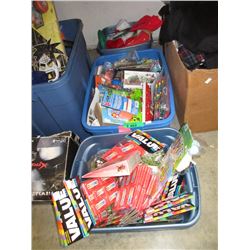 3 Totes of New Toys, Crayons & Christmas Goods