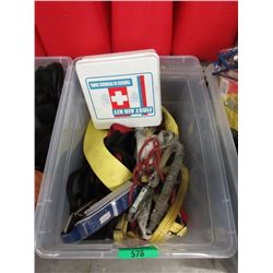 Tote of Safety Straps and a First Aid Kit
