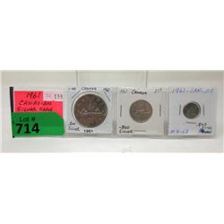 1961 Canadian 80% Silver 3 Coin Set