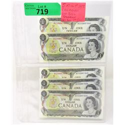 Five 1973 Sequentially Numbered $1 Bills