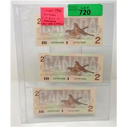 Three 1986 Sequentially Numbered $2 Bill