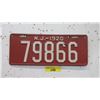 Image 1 : Rare USA 1920 New Jersey License Plate - 1 Plate