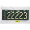 Image 1 : Rare USA 1921 New Jersey License Plate - 1 Plate