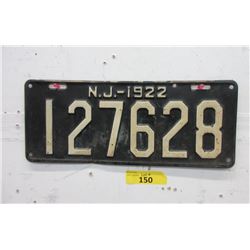 Rare USA 1922 New Jersey License Plate - 1 Plate