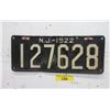 Image 1 : Rare USA 1922 New Jersey License Plate - 1 Plate