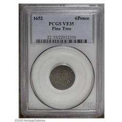 1652 6PENCE Pine Tree Sixpence VF35 PCGS. Noe-33, Cros 1652[6PENCE] Pine Tree Sixpence VF35 PCGS.