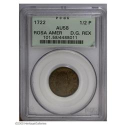 1722 1/2P Rosa Americana Halfpenny, D. G. AU58 PCGS. B 1722[1/2P] Rosa Americana Halfpenny, D. G. AU
