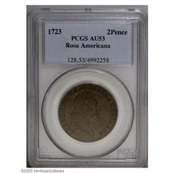 1723 2PENCE Rosa Americana Twopence AU53 PCGS. Premium 1723[2PENCE] Rosa Americana Twopence AU53 PCG