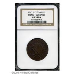 1767-A 9DEN French Colonies Copper Sou, RF Counterstam 1767-A[9DEN] French Colonies Copper Sou, RF C