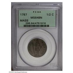 1787 1/2 C Massachusetts Half Cent MS64 Brown PCGS. Ry 1787[1/2 C] Massachusetts Half Cent MS64 Brow