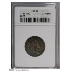 1794 1/2 C VF30 ANACS. B-2b, C-2a, High R.2. Although 1794[1/2 C] VF30 ANACS.