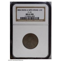 1804 1/2 C Crosslet 4, Stems MS61 Brown NGC. B-9, C-10 1804[1/2 C] Crosslet 4, Stems MS61 Brown NGC.