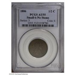1806 1/2 C Small 6, No Stems AU55 PCGS. B-3, C-1, R.1. 1806[1/2 C] Small 6, No Stems AU55 PCGS.